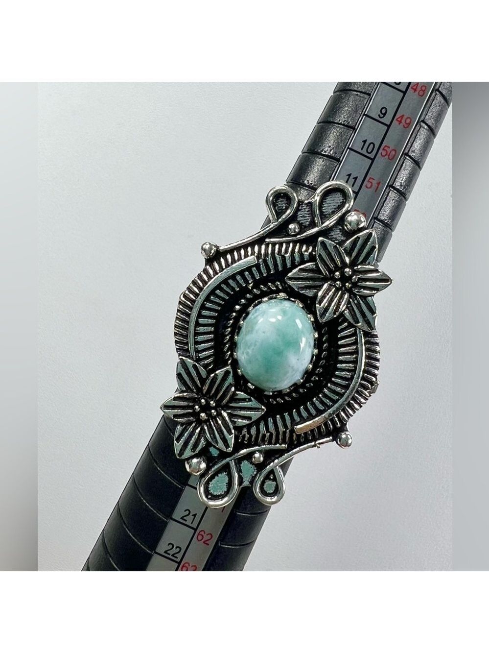 Larimar 925 Large Floral Design Gemstone Ring size 7.75